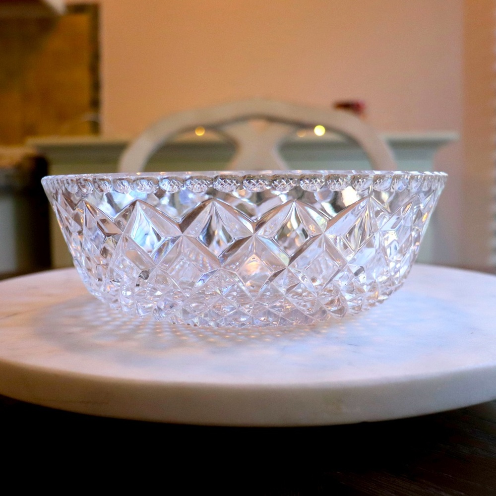 Beautiful bohemian crystal round serving bowl. 6 inch wide 
3 inch high. Vintage